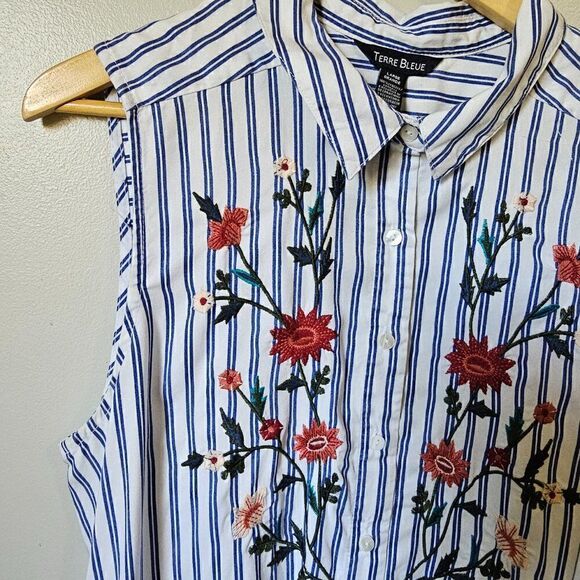 EUC LIKE NEW TERRE BLUE 100% LYOCELL STRIPED EMBROIDERED BUTTON DOWN DRESS SZ L - Picture 12 of 16
